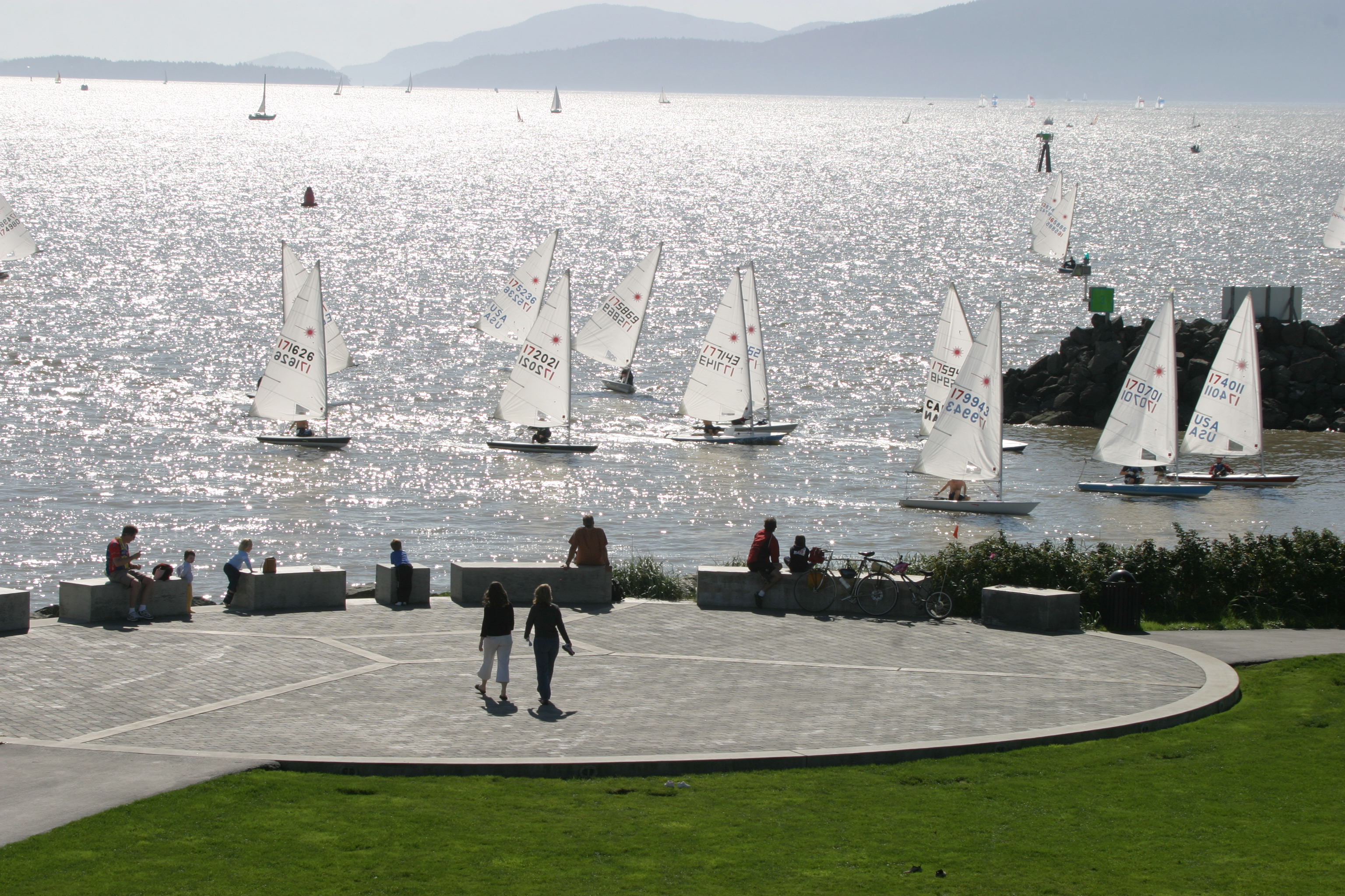 People at a park watching sailboats on the water